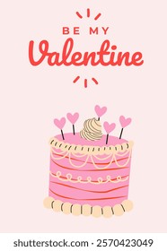 Valentine`s Day cute card with sweet cakes and hearts. Illustrations of love, couple, heart. For postcard, card, congratulations, poster, brochures.