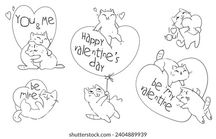 Valentines Day with cute cartoon cats. Be my Valentine. I love you. Black and white character. Funny vector illustration. Isolated white background