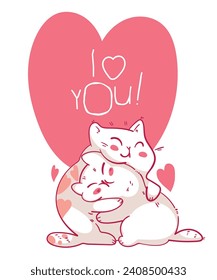 Valentines Day with cute cartoon cats. I love you. Cute kitties hugging. Colorful cartoon character. Funny vector illustration. Isolated white background. Greeting card template