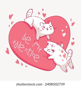 Valentines Day with cute cartoon cats. Be my Valentine. Cats hugging a big soft heart. Colorful cartoon character. Funny vector illustration. Isolated white background