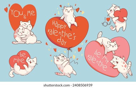 Día de San Valentín con lindos gatos de dibujos animados. Sé mi Valentín. Te amo. Caricatura colorida. Graciosa ilustración vectorial. Plantilla de tarjeta de felicitación. Establecer