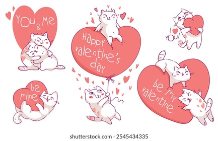 Día de San Valentín con lindos gatos de dibujos animados. Sé mi San Valentín. Te amo. Colorido personaje de dibujos animados. Ilustración vectorial graciosa. Plantilla de tarjeta de felicitación