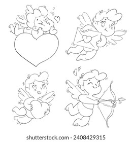 Valentines Day with cute cartoon cupids. Be my Valentine. I love you. Black and white character. Funny vector illustration. Isolated white background. Set