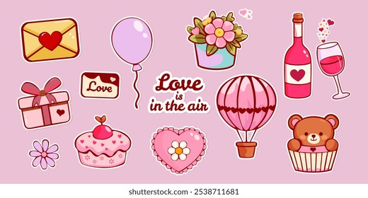 Valentine's day cute cartoon sticker set featuring romantic symbols of love, like hearts, flowers, balloons, teddy bear and gifts on pink background. Vector design for holiday festive decor.