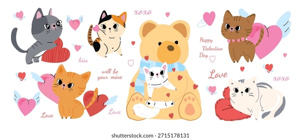 Día de San Valentín lindo gato y Ilustración vectorial de oso con alas de corazones y mensajes de amor. Diseño animal dibujado a mano romántico para tarjetas de felicitación, invitaciones, etiquetas engomadas, empaques y redes sociales.
