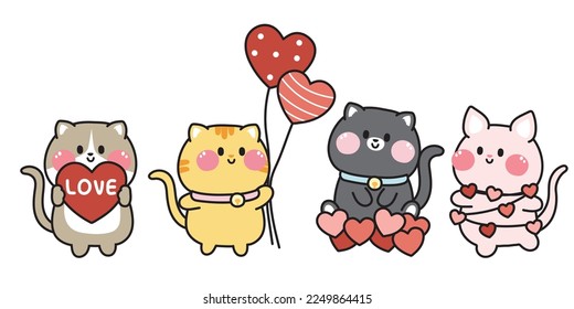 Valentines day.Set of cute cat with heart balloon in various poses.Pet animal character cartoon design.Meow collection.Lover.Sweet.Kawaii.Vector.Illustration.