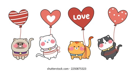 Valentines day.Set of cute cat with heart balloon.Pet cartoon hand drawn.Animal character design.Meow lover.Love text.Kawaii.Vector.Illustration.