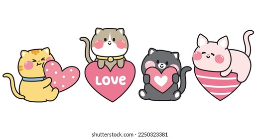 Valentines day.Set of cute cat hold pink heart balloon in various poses cartoon.Pet animal character design.Meow lover.Love text.Kawaii.Vector.Illustration.