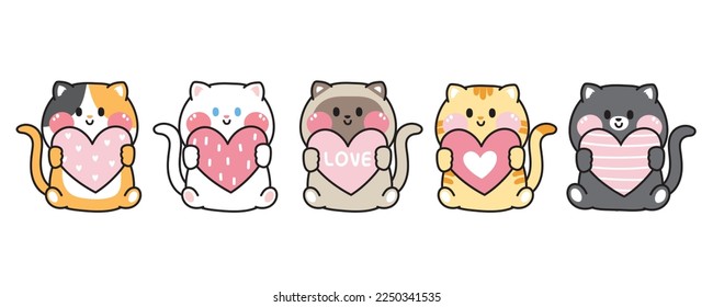 Valentines day.Set of cute cat hold heart balloon sit on white background.Pet animal character cartoon design.Love text.Meow lover.Isolated.Kawaii.Vector.Illustration.