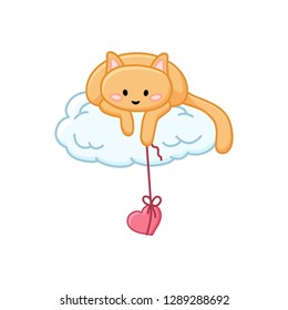 Valentines Day cute cat on a cloud with heart on a string cartoon image