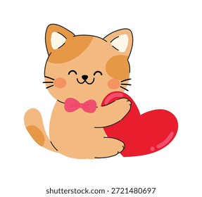 Ilustración vectorial linda del gato del día de San Valentín con el corazón rojo y la pajarita. Diseño de personajes de gatitos románticos dibujados a mano para tarjetas, pegatinas, estampados de vivero y regalos.