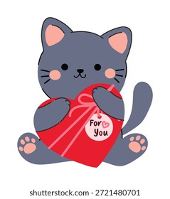 Día de San Valentín linda Ilustración vectorial de gato con tarjeta de corazón para su mensaje. Diseño de personajes de gatitos románticos dibujados a mano para tarjetas, pegatinas, invitaciones y regalos.