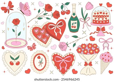 Día de San Valentín linda colección. Conjunto estético y2k de coqueta femenina rosa, elegante accesorio vintage. Colección linda preciosa, cereza roja, cinta rosa, arco, corazón, cupido. Ilustración vectorial