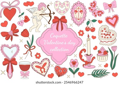 Día de San Valentín linda colección. Conjunto estético y2k de coqueta femenina rosa, elegante accesorio vintage. Colección linda preciosa, cereza roja, cinta rosa, arco, corazón, cupido. Ilustración vectorial