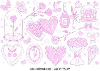 Valentine's Day cute collection. Pink girly coquette y2k aesthetic set, elegant vintage accessory. Lovely cute collection, red cherrie, pink ribbon, bow, heart, cupid. Vector illustration