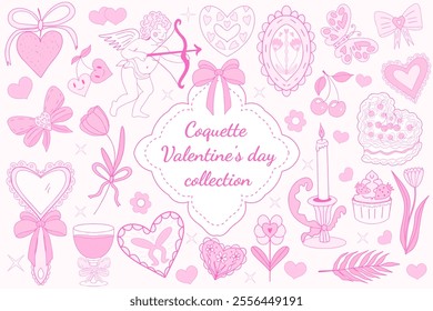 Valentine's Day cute collection. Pink girly coquette y2k aesthetic set, elegant vintage accessory. Lovely cute collection, red cherrie, pink ribbon, bow, heart, cupid. Vector illustration