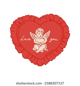 Valentines day. Cute coquette red frame heart shape in vintage style. Heart shaped red pillow with ruffles and cupid. Vintage cushion with cherub. Editable vector illustration.