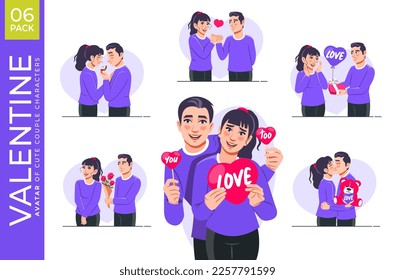 Valentines day cute couple collection bundle isolated. Love is in the air. Avatar design for blogging, website, mobile app, promotional materials. Flat style vector scene isolated on white Combo pack.