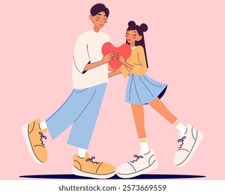 Valentine`s day. Cute couple hugging each other and holding heart. Love concept. Modern isolated vector illustration.