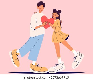 Valentine`s day. Cute couple hugging each other and holding heart. Love concept. Modern isolated vector illustration.