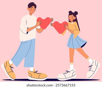 Valentine`s day. Cute couple who holding hearts. Love concept. Modern isolated vector illustration.