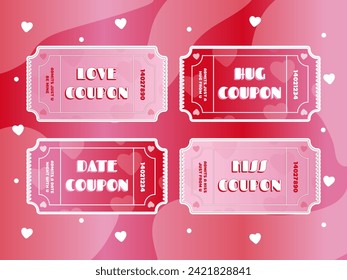 Valentine's Day cute coupons of love hug date days and kiss in pink and red with gradient hearts 14th February