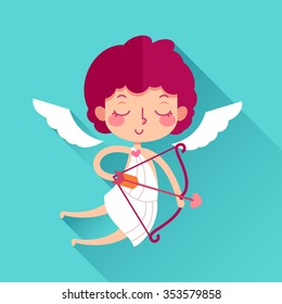 Valentine's Day cute cupid with bow. Flat icon and long shadow in vector.