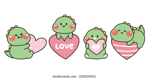 Valentines day.Set of cute dinosaur hold heart balloon on white background.Animal character cartoon designin various poses.Love text.Isolated.Kawaii.Vector.Illustration.