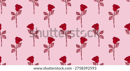 Valentine's day cute doodle rose seamless pattern. Whimsical vector illustration on pink background