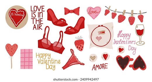 Valentine's day cute elements set.Сake heart,underwear, bra, panties, shoes,chocolate,lollipop,strawberry,chocolate, heart embroidery,cross stitch,cups heart, cookies.