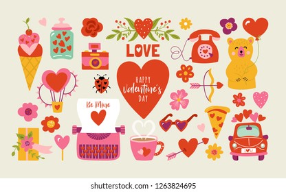 Valentine's day cute elements set. Childish print for cards, stickers, apparel and party invitation