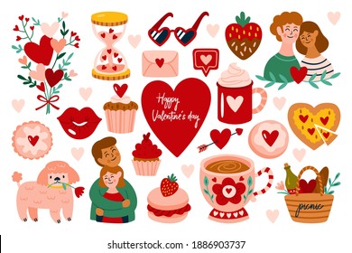 El día de San Valentín adorables elementos. Impresión infantil para tarjetas, pegatinas, prendas de vestir y diseños de pancartas