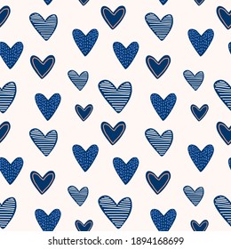 Valentine's day cute elements set. Funny cartoon blue hearts repeated hand drawn on white background. Childish print for cards, stickers, apparel and party invitation. Vector illustration