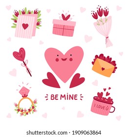 Valentine's day cute elements set. Heart, letter, ring with diamond, lollipop, bouquet isolated on white background. Vector flat cartoon illustration for cards, stickers, apparel, party invitation.