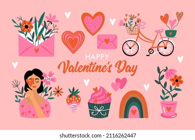 Valentines day cute elements set with heart shape, bicycle, girl and envelope. Hand drawn vector illustration