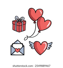 Valentine's Day Cute Elements Set On White Background.