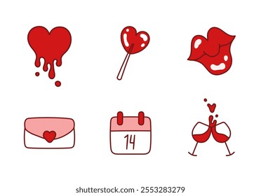 Valentines day cute elements set. Kawaii Print for cards, stickers, apparel and banner design. Melting heart. Heart-shaped lollipop, Love letter, envelope with heart, Two glasses of wine