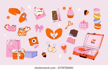 Valentine's Day cute elements set. Different romantic objects. Retro funky design. Cupcake, gift box, chocolate, rings, record player isolated. For poster, greeting card, invitation, flyer, banner