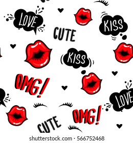 Valentines day. Cute fashion girlish seamless pattern. Romantic repeated backdrop for girls, fancy textile, clothes, wrapping paper. love background with lips kiss, cartoon comics clouds, eyelash