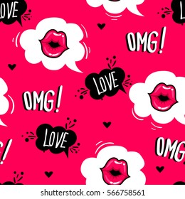 Valentines day. Cute fashion girlish seamless pattern. Romantic repeated backdrop for girls, fancy textile, clothes, wrapping paper. love background with cartoon comics speech clouds, kiss lips