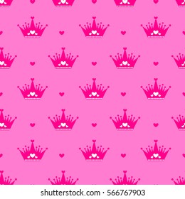 Valentines day. Cute fashion girlish seamless pattern. Romantic repeated backdrop in tender pink colors with crown, hearts. Royal monochrome wallpaper for girls, fancy textile, clothes, wrapping paper