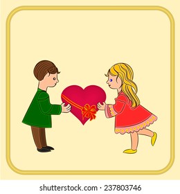 Valentine's Day Cute  figure Kids and heart background place for text vector illustration  