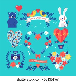 Valentines day cute floral elements set for graphic and web design