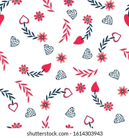 Valentine's Day cute folk type of pattern with flowers and love hearts in pink and red colour with deep petrol colour foliage on white background.
