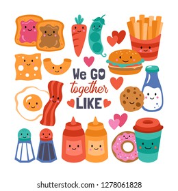 Valentine's day cute funny food set Childish print for cards, stickers, apparel and nursery decoration