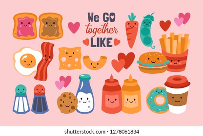 Valentine's day cute funny food set Childish print for cards, stickers, apparel and nursery decoration