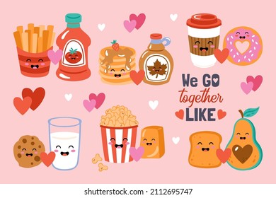 Valentines day cute funny food set Childish print for cards, stickers, apparel and party invitations