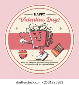 Valentines Day with Cute Gift Box character in Groovy Vintage Retro Cartoon Vector Illustration for sticker, badge, patch, banner, greeting card, invitation