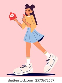 Valentine`s day. Cute girl holding love letter. Love concept. Modern isolated vector illustration.