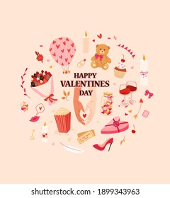 Valentines Day cute greeting card. Poster with cute love symbols and romantic icons, objects for Valentine's Day: hearts shape, sweets, cake, gifts, candle. Vector illustration. Flyer, invitation.